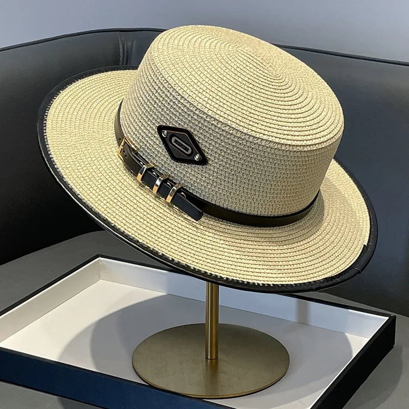 Straw hat with leather belt