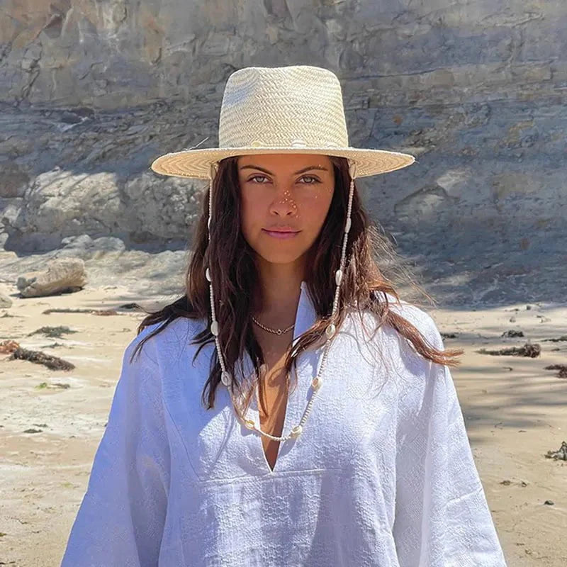 Straw hat with drawstring