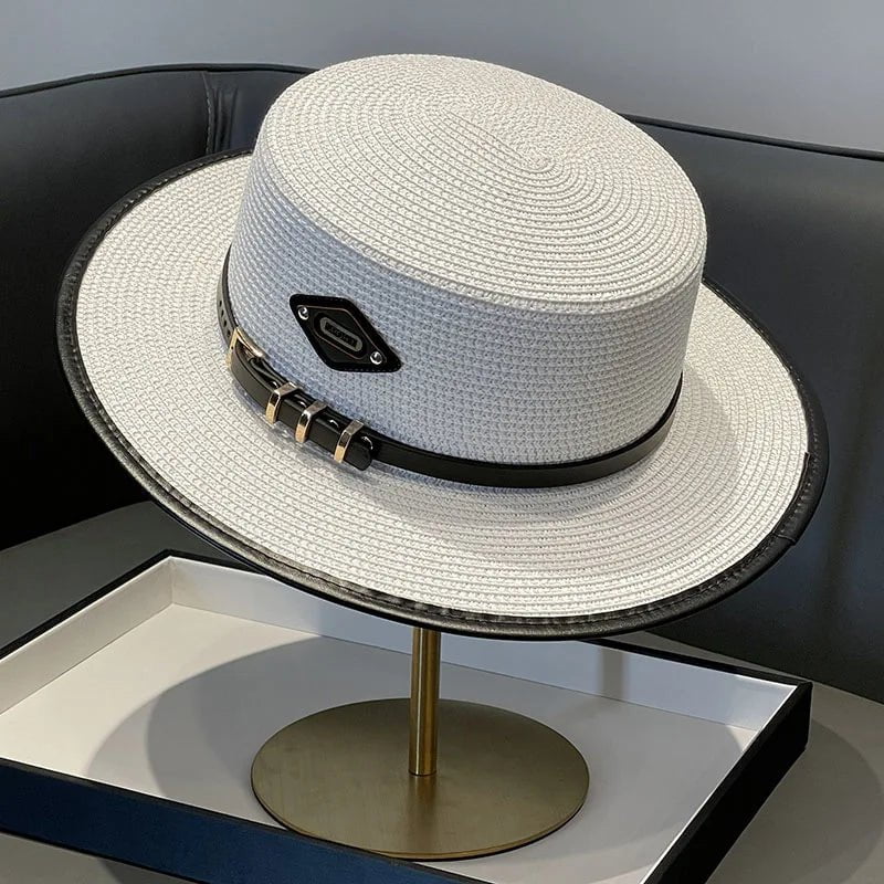 Straw hat with leather belt