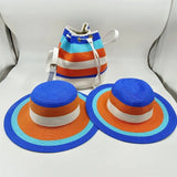 Set of bag and two blue and orange white hats