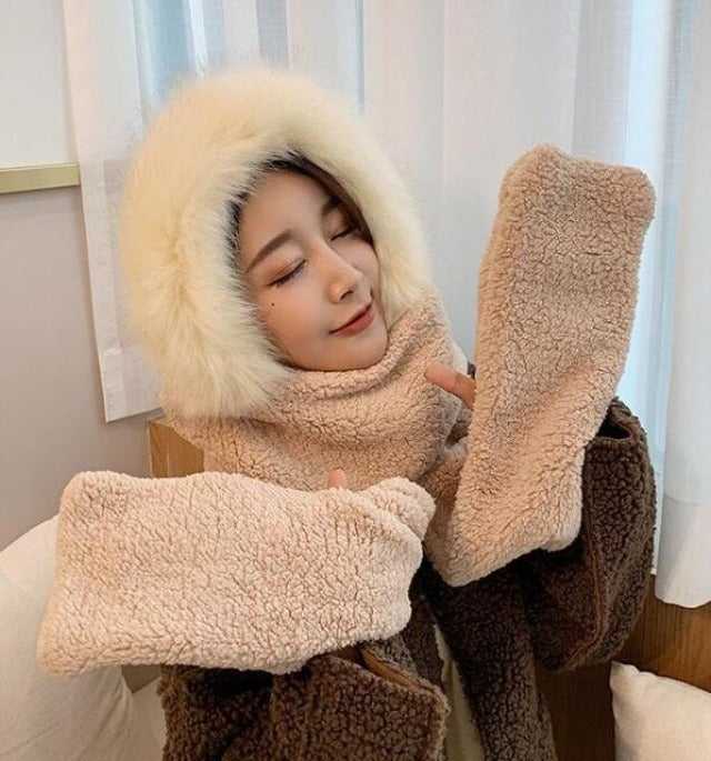 Double-layer plush hat and scarf with glove