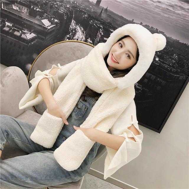 Double-layer plush hat and scarf with glove