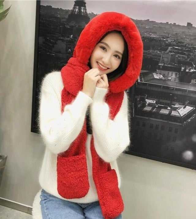Double-layer plush hat and scarf with glove
