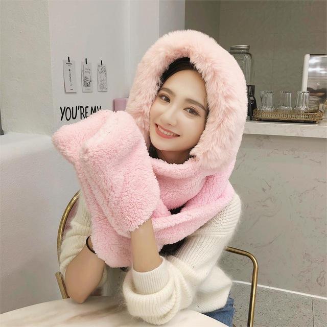 Double-layer plush hat and scarf with glove