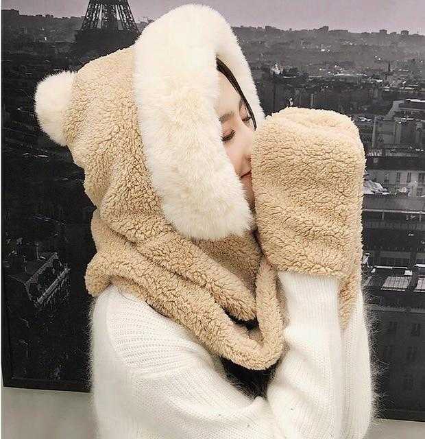 Double-layer plush hat and scarf with glove