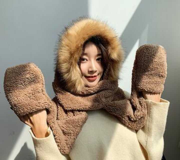 Double-layer plush hat and scarf with glove