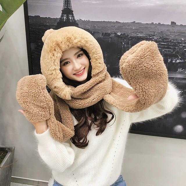 Double-layer plush hat and scarf with glove