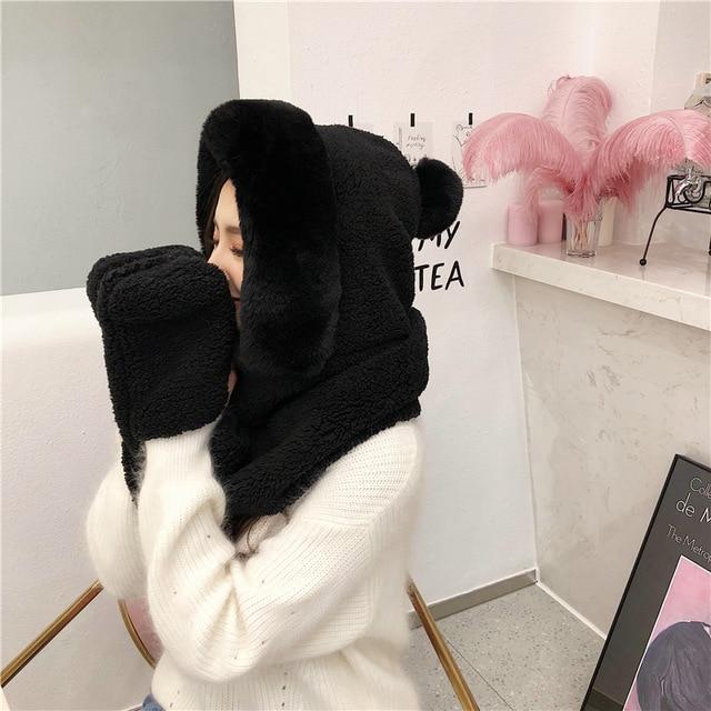 Double-layer plush hat and scarf with glove