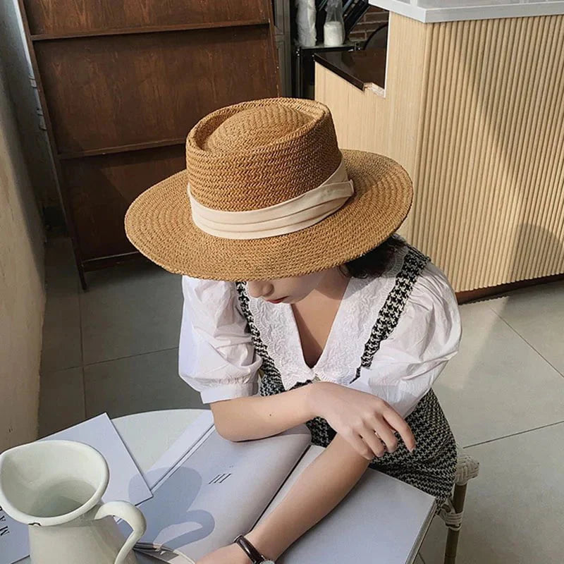 White ribbon straw hat