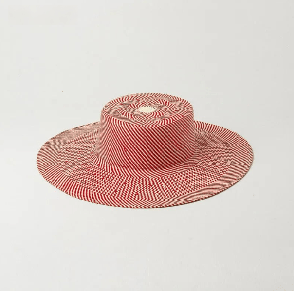 Woven straw hat with red stripes