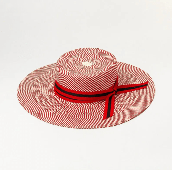 Woven straw hat with red stripes