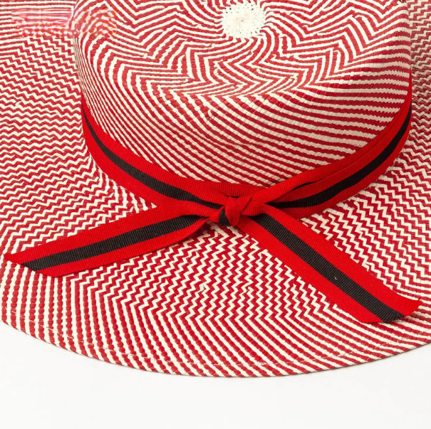 Woven straw hat with red stripes