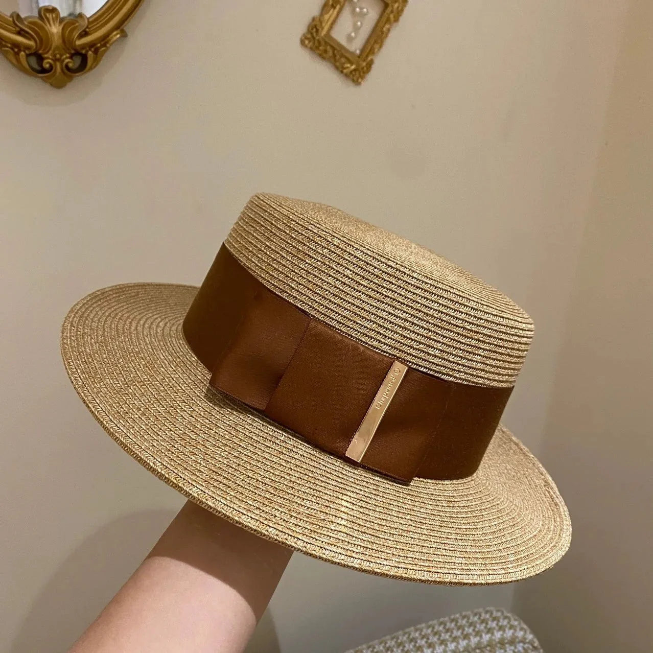 Beach straw hat with wide ribbon