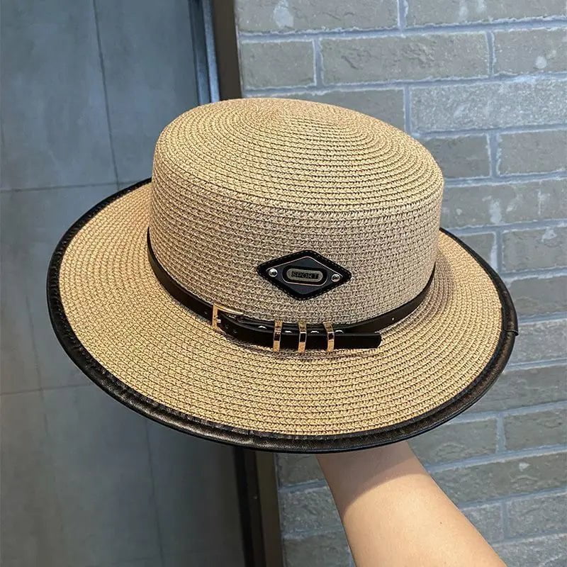 Straw hat with leather belt