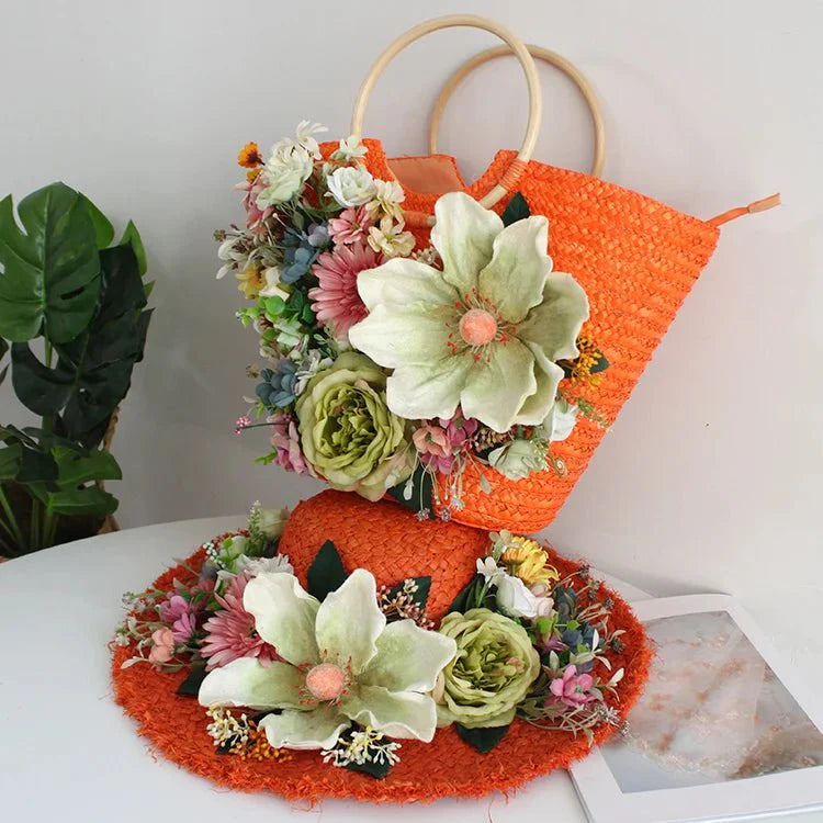 Bohemian-style rattan hat and bag