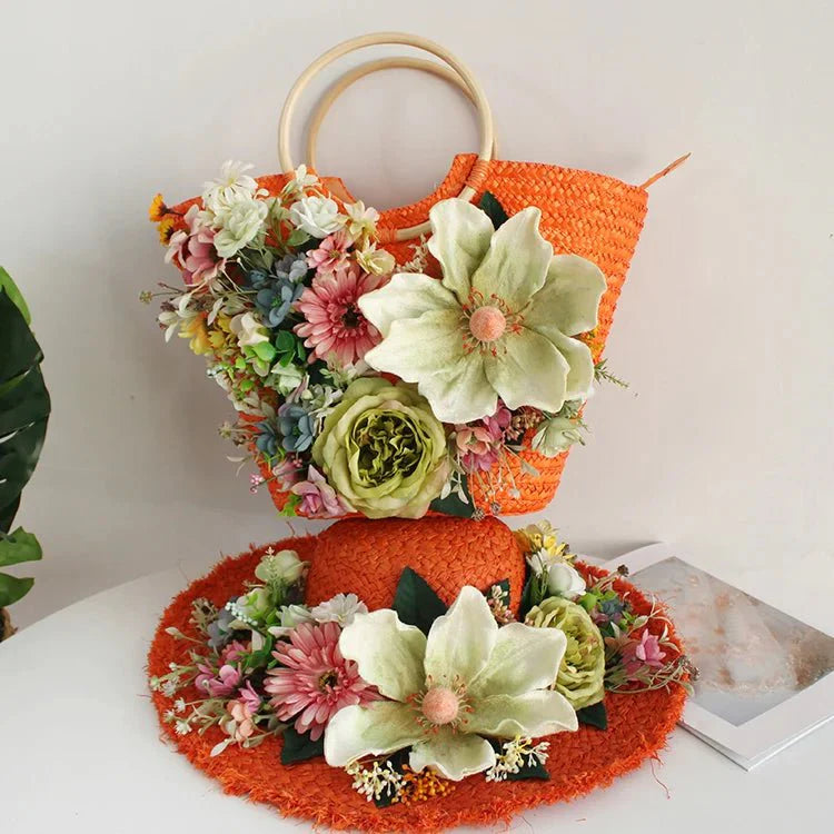 Bohemian-style rattan hat and bag