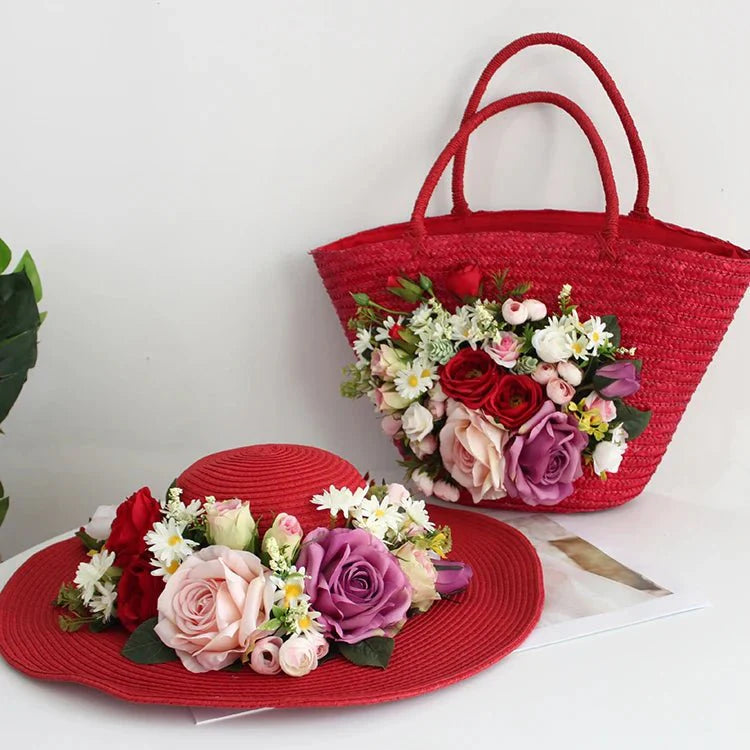 Bohemian-style red rattan bag and hat set
