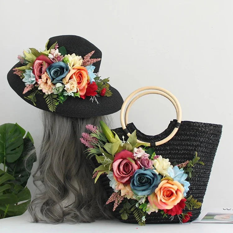 Bohemian-style black bag and hat set