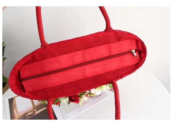 Bohemian-style red rattan bag and hat set