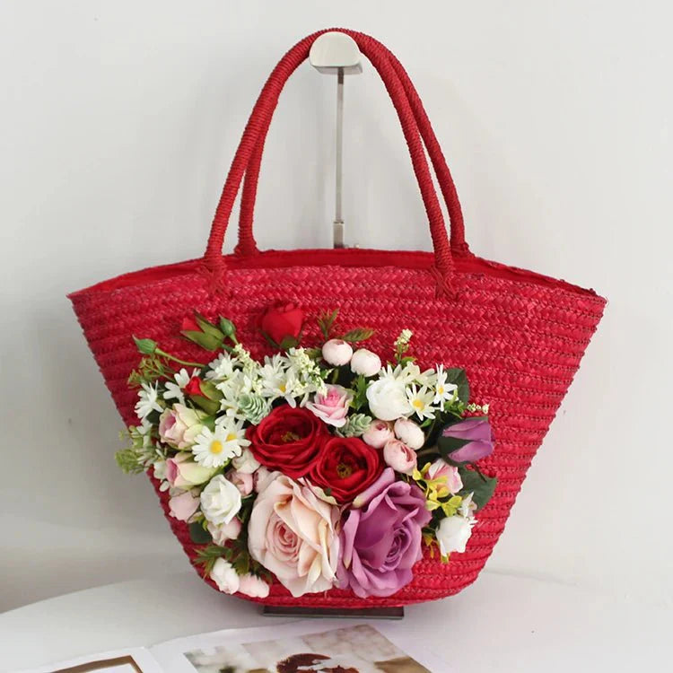 Bohemian-style red rattan bag and hat set
