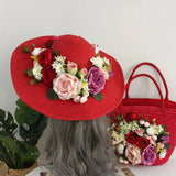 Bohemian-style red rattan bag and hat set