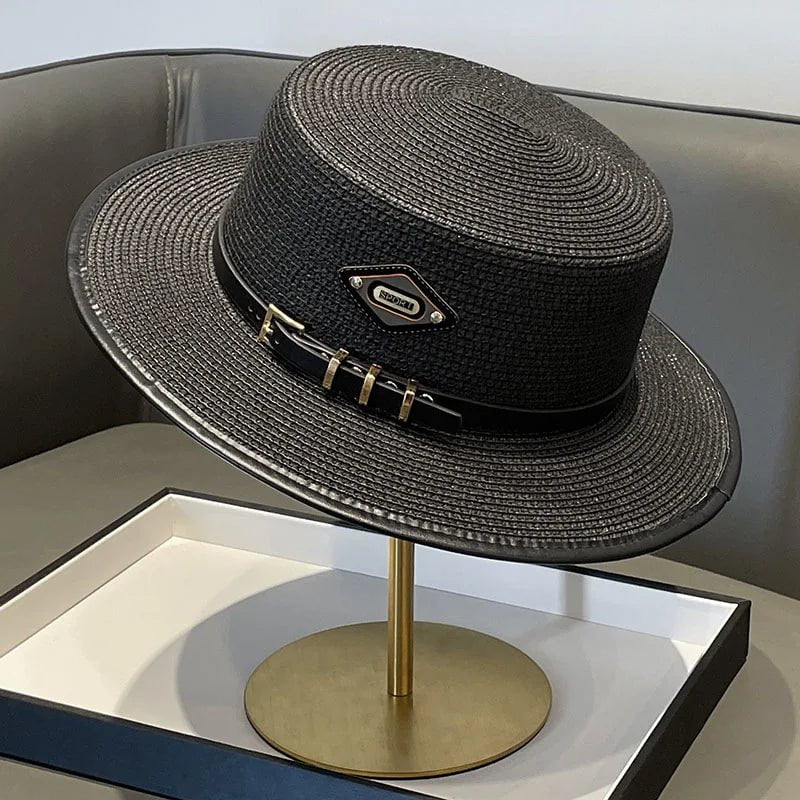 Straw hat with leather belt
