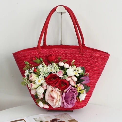 Bohemian-style red rattan bag and hat set