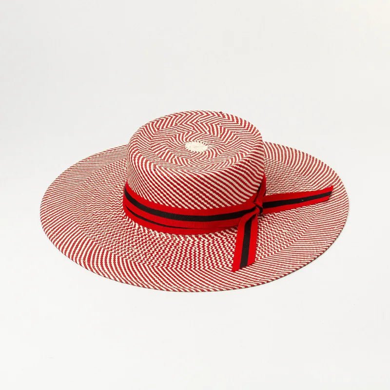 Woven straw hat with red stripes